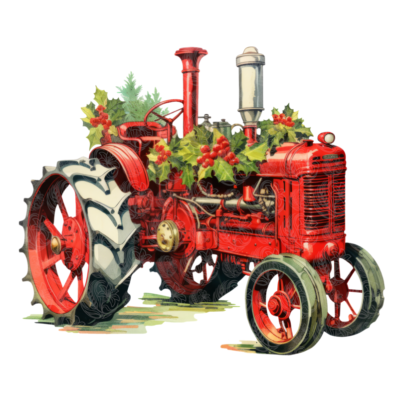 Christmas tractor decorated with holly berries and pine boughs vintage red farm illustration Grey Barn Handwerk, Saskatchewan.